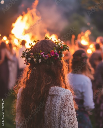 A local fair celebrating Midsummer with flower crowns, dancing, and bonfires
