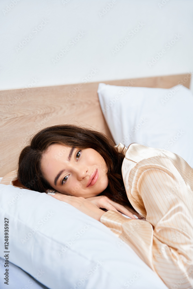 Young woman relaxing on soft pillows in a serene bedroom setting during morning light