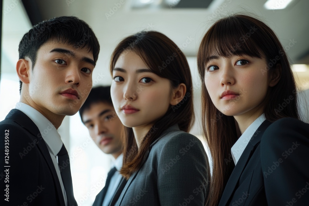 Group of young professional men and women in suits in office setting. Group of young professional men and women in suits in office setting.