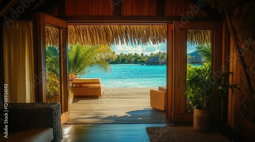 Wallpaper Mural A serene doorway opens to a tranquil beach scene featuring a chair and a couch, inviting relaxation and coastal enjoyment. Torontodigital.ca