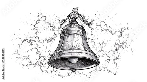 Line art of the Liberty Bell with its iconic crack, 