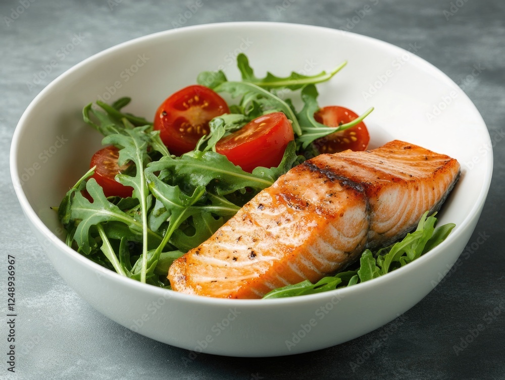 A well-prepared meal of salmon with arugula, cherry tomatoes and balsamic vinaigrette. A well-prepared meal of salmon with arugula, cherry tomatoes and balsamic vinaigrette.