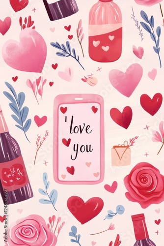 Hand drawn holiday pattern with hearts and flowers