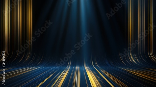 Elegant stage backdrop featuring striking gold and blue color scheme with light rays creating depth and focus.