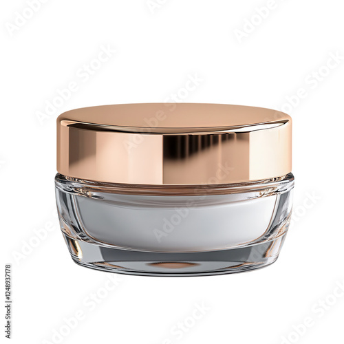 A sleek glass jar with a gold lid, containing a creamy white substance, often used for skincare or cosmetic applications.