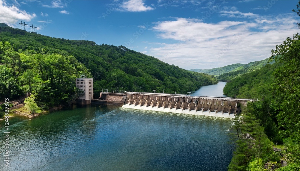 Generated image A scenic view of a river with a small hydroelectric dam, surrounded by lush forests Generated image A scenic view of a river with a small hydroelectric dam, surrounded by lush forests