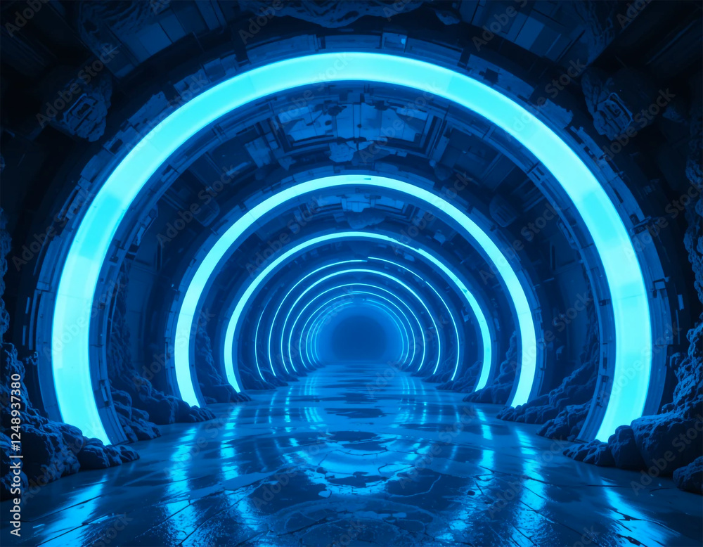 Obraz premium Blue sci-fi tunnel with glowing rings
