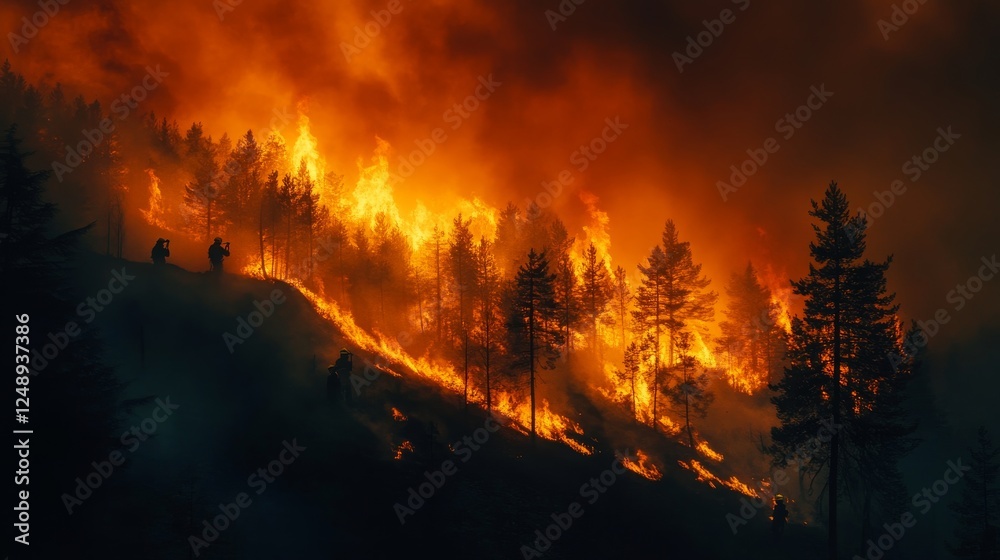 Naklejka premium A team of firefighters battling a forest fire in the mountains, using water to control the flames. The fire threatens the surrounding trees and wildlife as the team works to stop its spread.