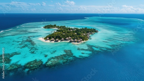 Aerial view showcasing a serene small island featuring a traditional thatched hut surrounded by clear blue waters.