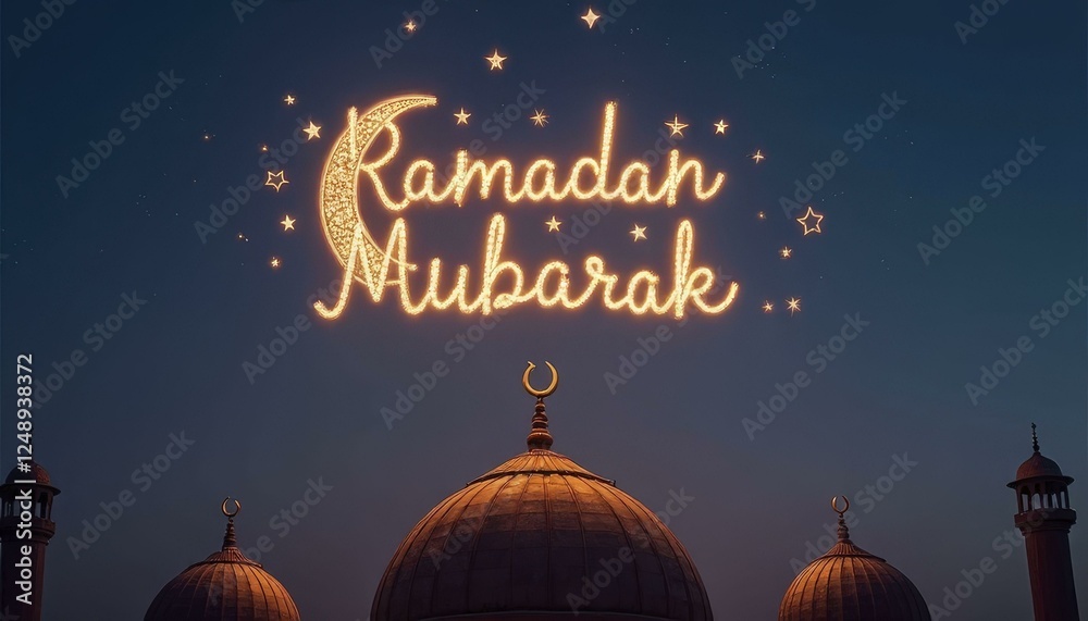 Naklejka premium Ramadan Mubarak in Gold on Twilight Sky with Mosques and Crescent Moon