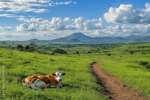 A cow lying in the grass near a dirt path in a green pasture, with a picturesque sky and distant mountains enhancing the view.