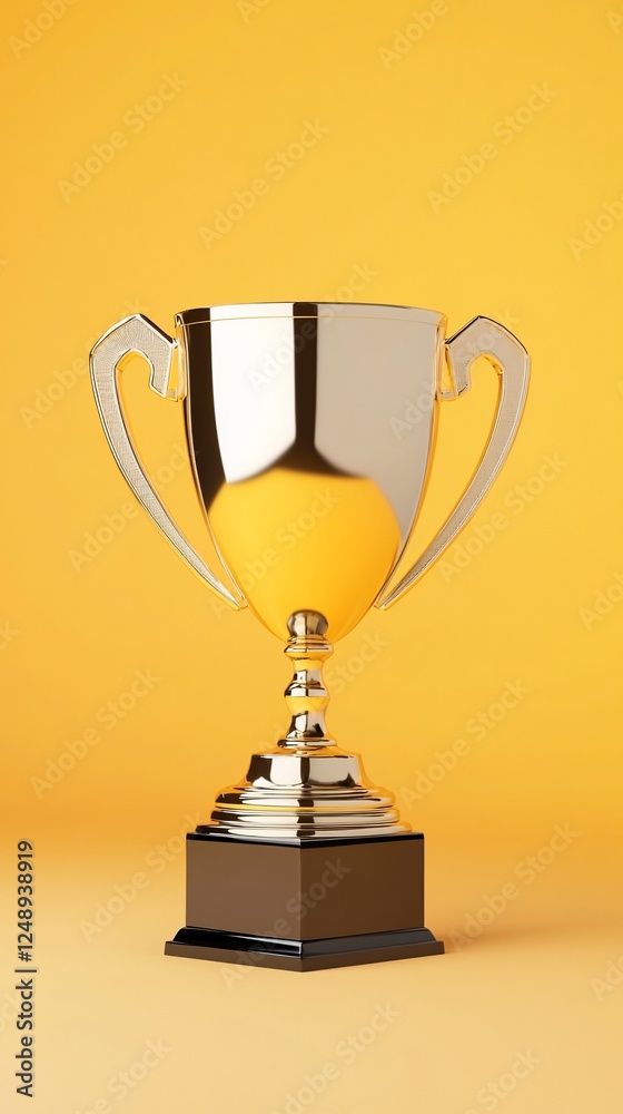 Shiny trophy, success symbol, in front of a yellow wall, for business, competition Shiny trophy, success symbol, in front of a yellow wall, for business, competition