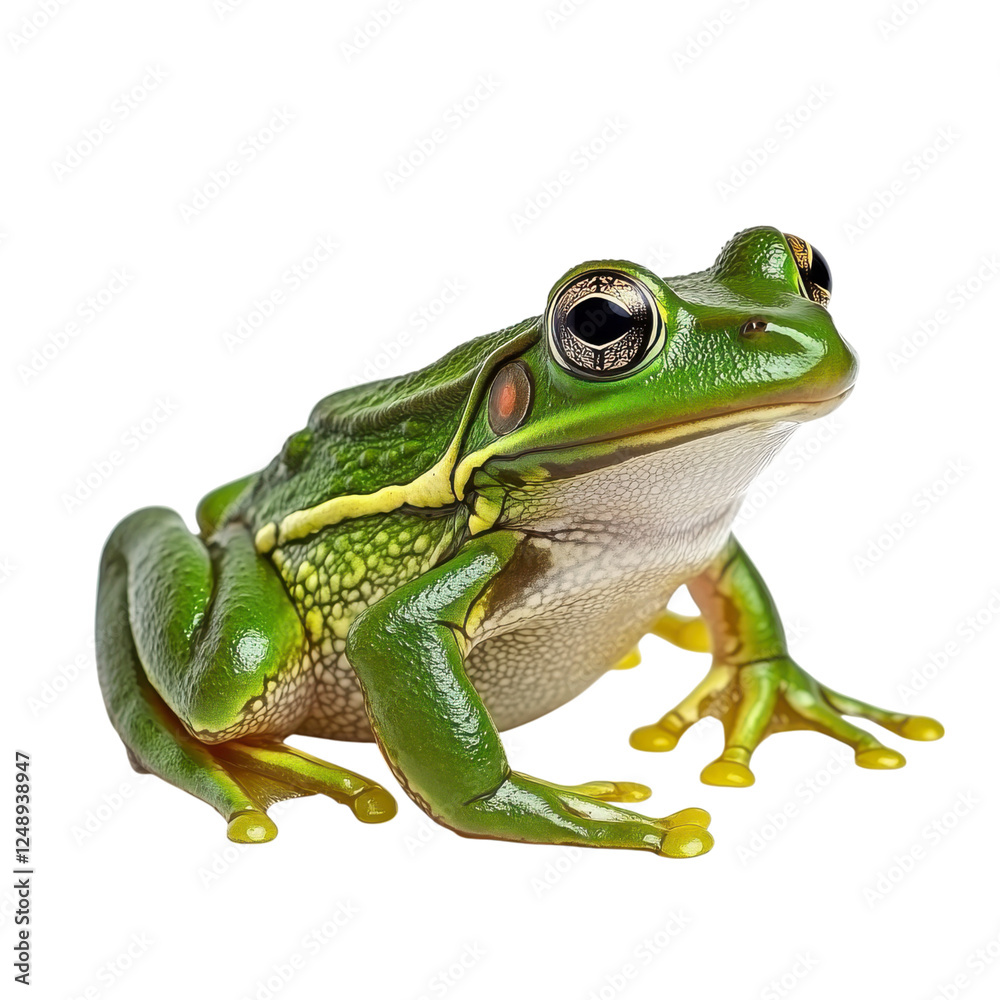 Fototapeta premium A vibrant green frog sits poised, showcasing its glossy skin and distinct markings, capturing attention with its large, expressive eyes.