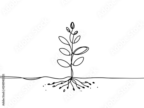 Continuous one line drawing growing plant. Seeds sprout in ground. Seedling gardening plants, sprouts. Single line draw vector graphic illustration