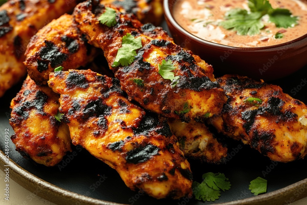Grilled chicken wings cooked in an authentic BBQ sauce, with a garnish of fresh herbs. Grilled chicken wings cooked in an authentic BBQ sauce, with a garnish of fresh herbs.