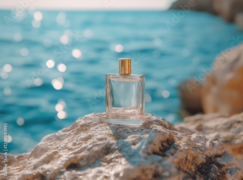 Product photography of a perfume bottle on a rock in front of a background of the sea, sky, and waves, with a blurred foreground. 