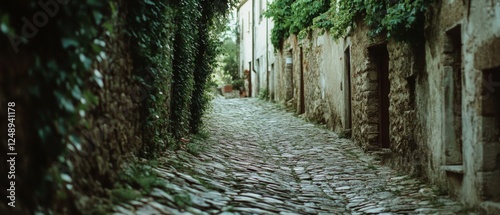 A quiet, narrow alley features stonework walls lushly wrapped in greenery, providing a peaceful stroll through history's embrace. photo