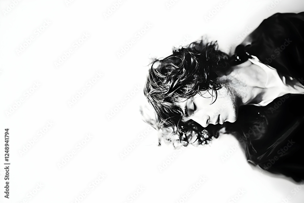 Fototapeta premium Studio portrait Man, curly hair, leaning, white background, pensive