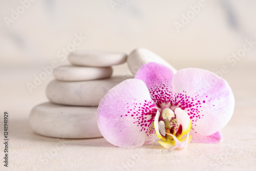 Photography Spa stones and orchid flower on light background