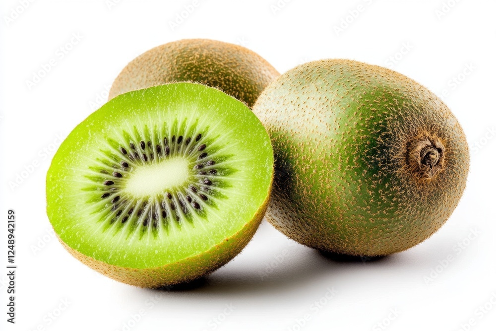 Obraz premium Juicy kiwi fruit halves, whole, white background, healthy eating
