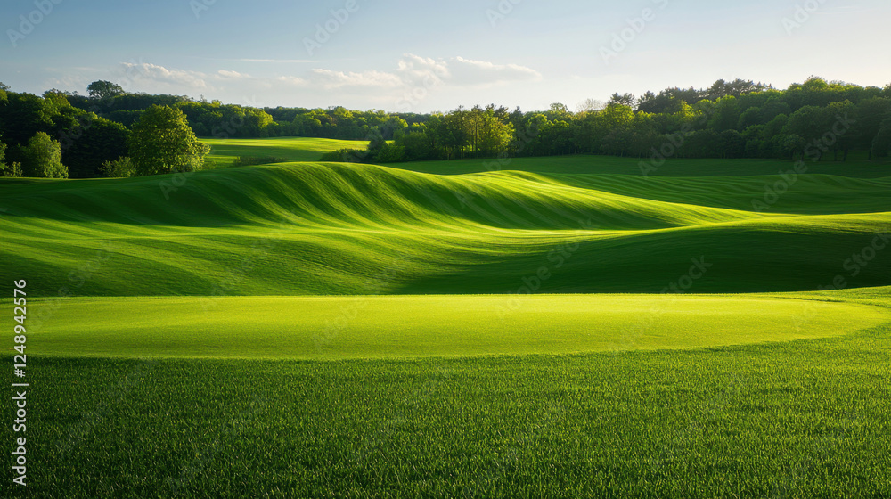 Obraz premium serene landscape featuring beautifully manicured green hills and lush grass under clear sky, perfect for relaxation and outdoor activities
