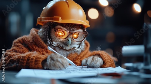A conscientious owl in a cozy sweater drafts innovative designs, showcasing an artistic flair and dedication to creativity, surrounded by various drafting tools and materials.