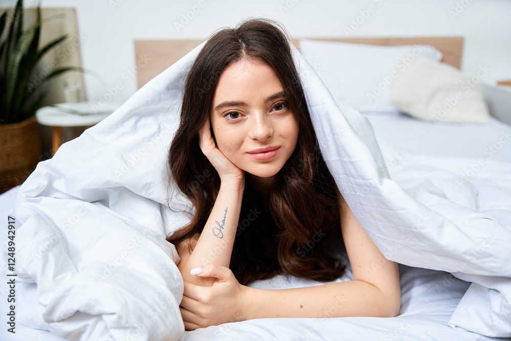 Young woman relaxing under soft blankets in a cozy bedroom filled with natural light Young woman relaxing under soft blankets in a cozy bedroom filled with natural light