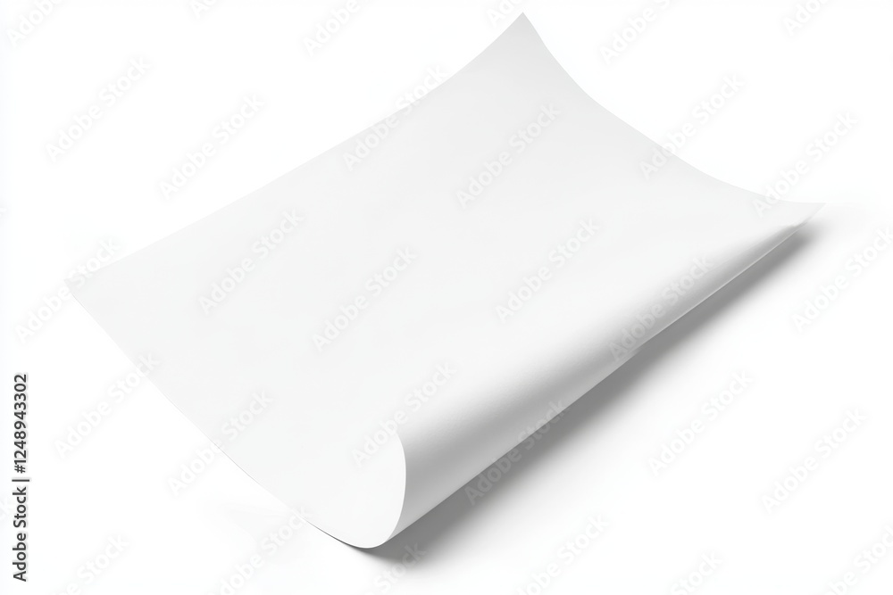 Blank white paper sheet mockup, curved, isolated, studio, design Blank white paper sheet mockup, curved, isolated, studio, design