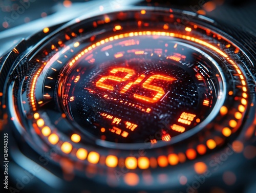 Futuristic Speedometer Displaying Year 2025 with Red Accents and Carbon Fiber Texture