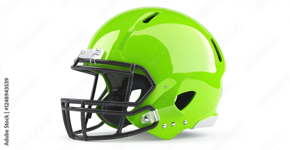 Naklejka premium vibrant lime green football helmet with sleek design and black faceguard, perfect for sports enthusiasts and collectors
