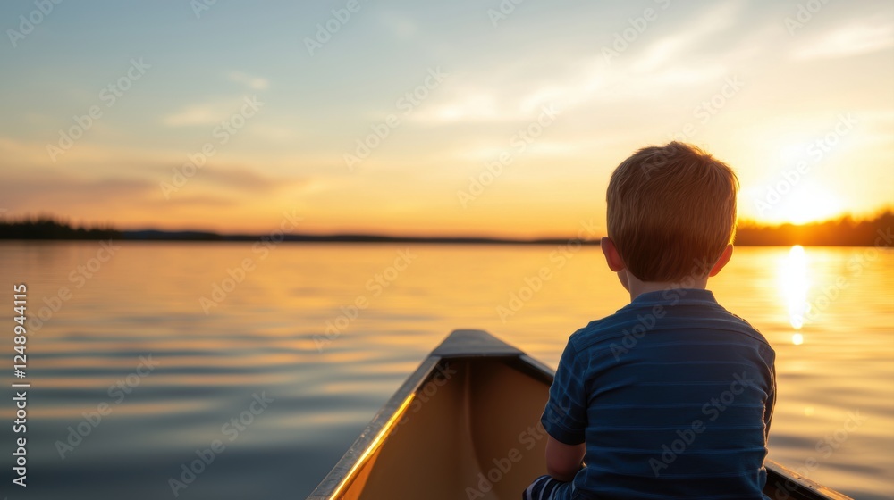 Baby Boy Sitting on Rowing Boat at Sunrise Over Calm Lake with Reflections Baby Boy Sitting on Rowing Boat at Sunrise Over Calm Lake with Reflections