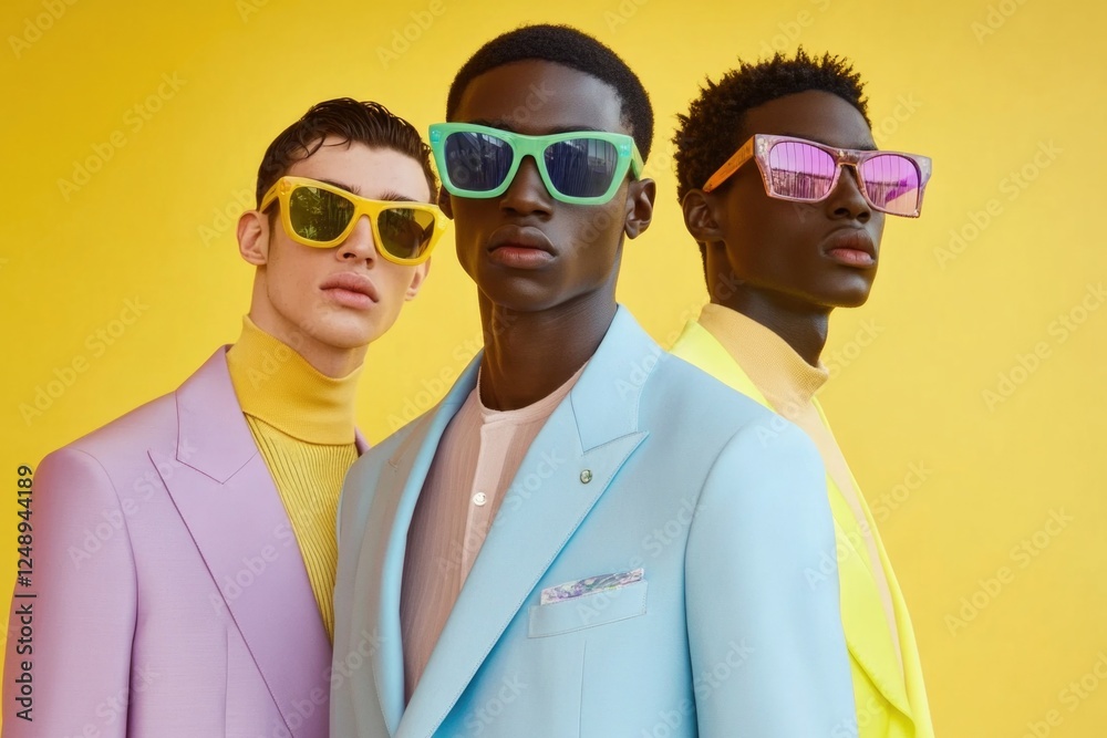 Male models with colorful suits and sunglasses on yellow background. Male models with colorful suits and sunglasses on yellow background.