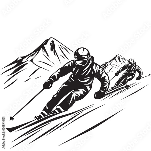 Vector black and white silhouette of a downhill skier isolated on white background.