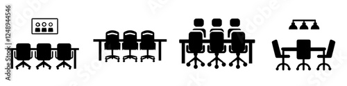 Silhouettes of office meeting setups in different configurations for collaborative work