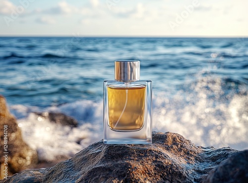 Product photography of a perfume bottle on a rock in front of a background of the sea, sky, and waves, with a blurred foreground. 