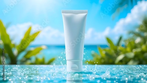 Premium Sunscreen Tube on Tropical Beach with Water Splash