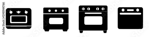 Variety of kitchen ovens displayed in black silhouette, showing different styles and features for culinary enthusiasts