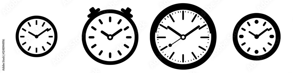 Multiple black and white clock designs showcasing different styles and times on a clean background Multiple black and white clock designs showcasing different styles and times on a clean background