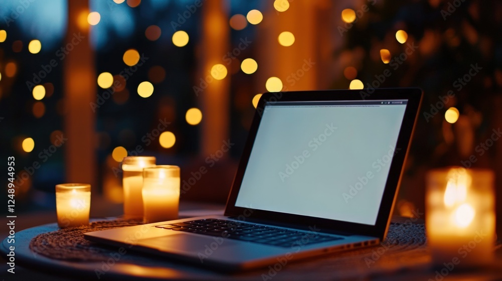 Laptop, candles, bokeh lights, cozy home, work Laptop, candles, bokeh lights, cozy home, work
