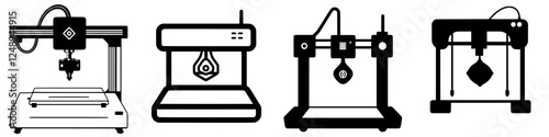 Different types of 3D printers lined up showcasing various designs and features in a modern workshop environment