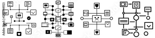 Conceptual illustrations of network connections with various informational elements in black and white design