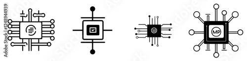 Designs of microchip icons representing technology and digital innovation with various symbols and patterns