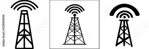 Different designs of communication towers showcasing radio signal waves emitted from their antennas in a creative layout concept