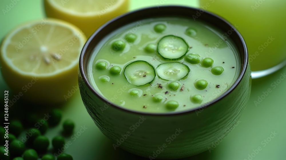 A bowl of green soup with peas and lemon slices. The soup is green and has a light green color A bowl of green soup with peas and lemon slices. The soup is green and has a light green color