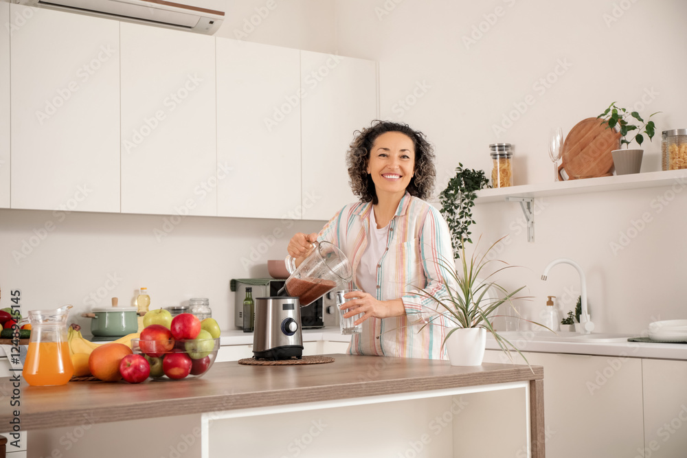 Mature woman pouring fruit smoothie from blender into glass in kitchen Mature woman pouring fruit smoothie from blender into glass in kitchen