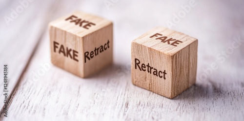 Wooden cubes show 'Fake' 'Retract' on white wood photo