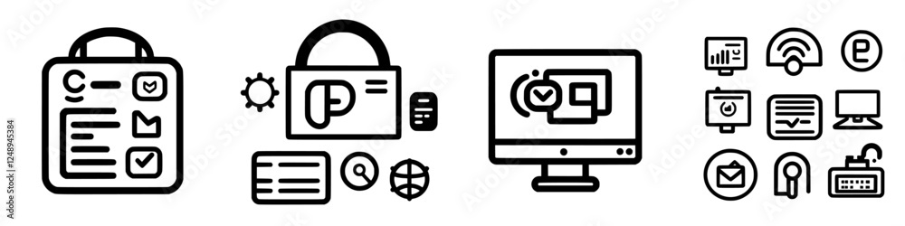 Visual representation of digital security, task management, and communication tools in a modern workspace Visual representation of digital security, task management, and communication tools in a modern workspace