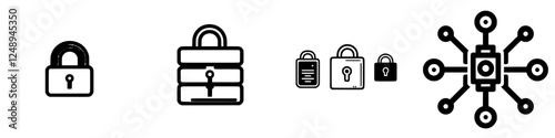 Digital security icons representing various aspects of encryption and data protection in a modern technological context