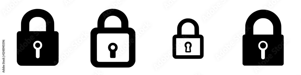 Multiple padlocks of varying sizes depicted in a minimalist style, showcasing different designs and forms Multiple padlocks of varying sizes depicted in a minimalist style, showcasing different designs and forms