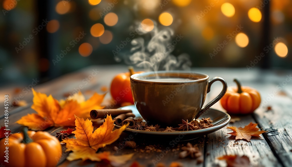 Obraz premium Autumnal Warmth: Steaming Spice Tea with Fall Leaves